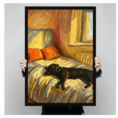 Hands holding black framed black dachshund sleeping on bed impasto oil painting warm golden tones dog canvas art size display