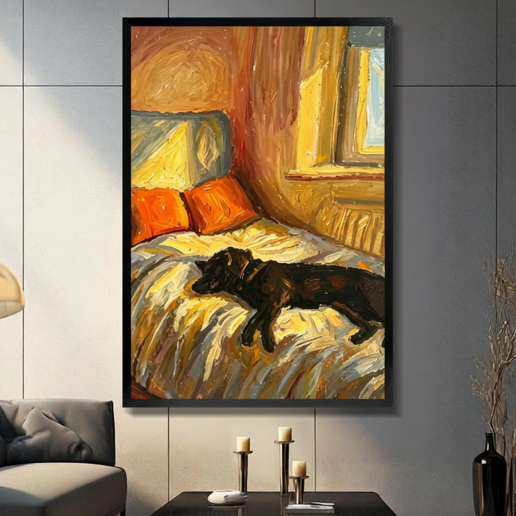 Black framed impasto oil painting of a black dachshund sleeping on a bed warm golden bedroom scene dog canvas wall art in a modern living room