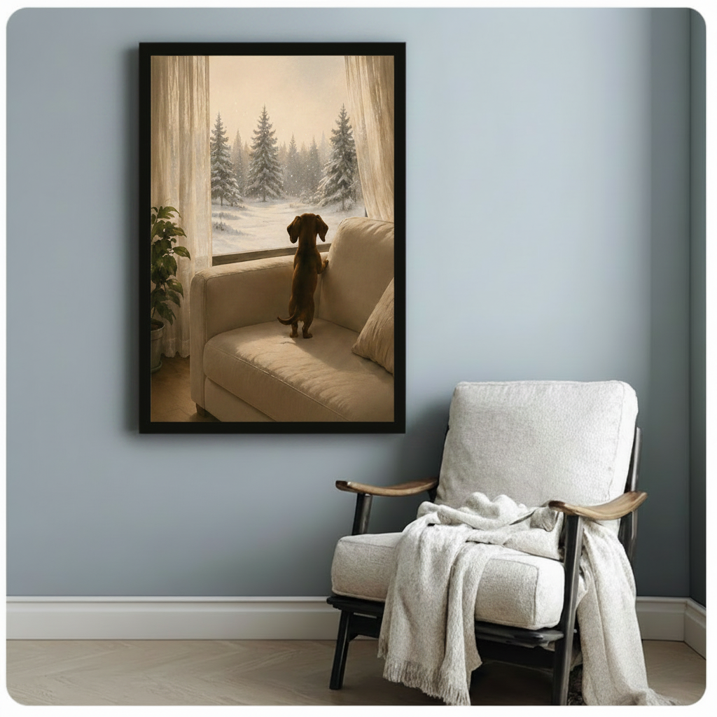 Framed poster of a dachshund gazing at a snowy forest through a window, hung on a light blue wall beside a linen armchair