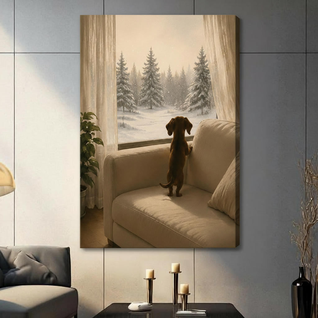 Unframed canvas print featuring a dachshund dog peering out a window at a snow-covered pine forest from a cozy living room