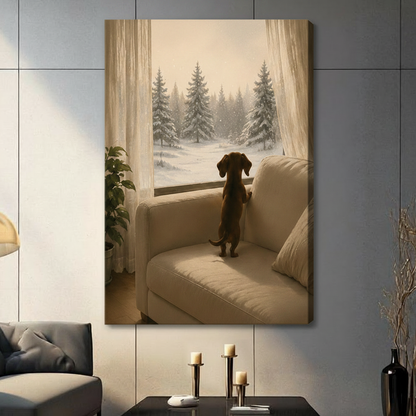 Unframed canvas print featuring a dachshund dog peering out a window at a snow-covered pine forest from a cozy living room