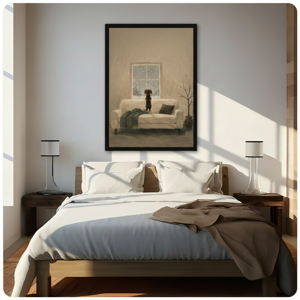 Framed dachshund watching snowfall through window oil painting above wooden bed in sunlit modern bedroom – quiet winter dog canvas wall art for bedroom decor