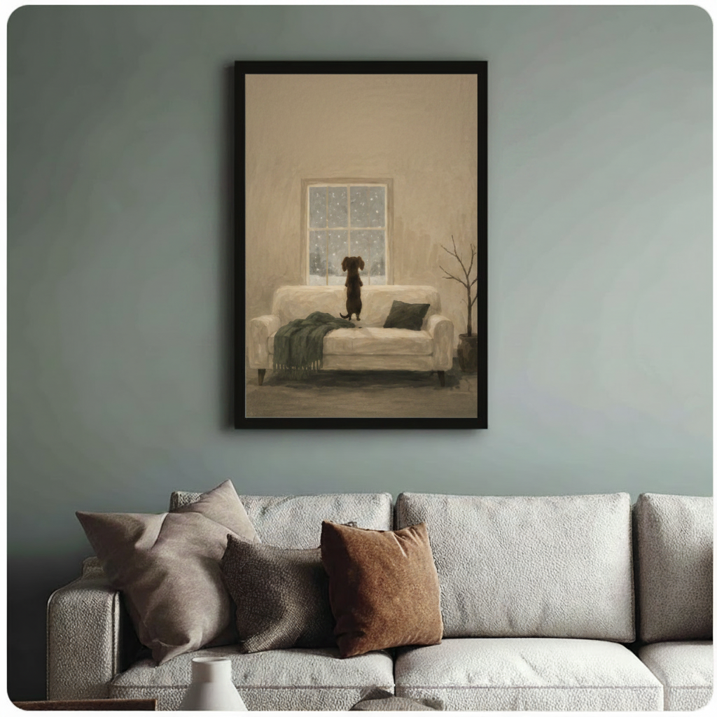 Framed dachshund watching snowfall through window oil painting above textured grey sofa on soft blue-grey wall – contemplative winter dog wall art for living room decor
