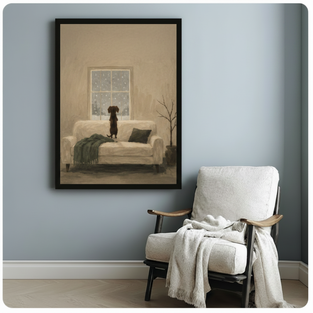 Moody dachshund snowy window framed oil painting beside wooden armchair with white throw on blue-grey wall – quiet winter dog portrait canvas for reading corner or hallway