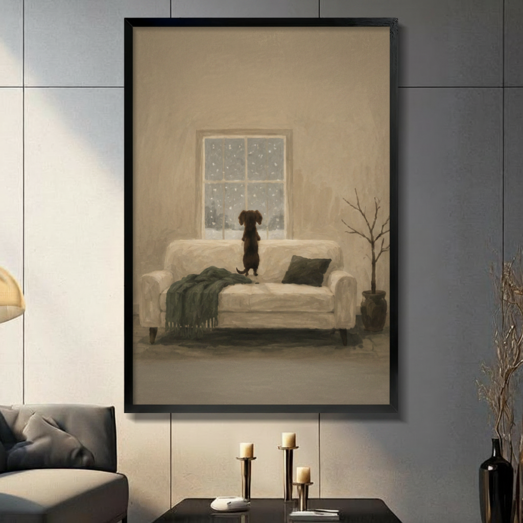 Melancholic dachshund standing on white sofa gazing at snowy window oil painting in black frame on dark grey panel wall – moody winter pet canvas wall art for living room