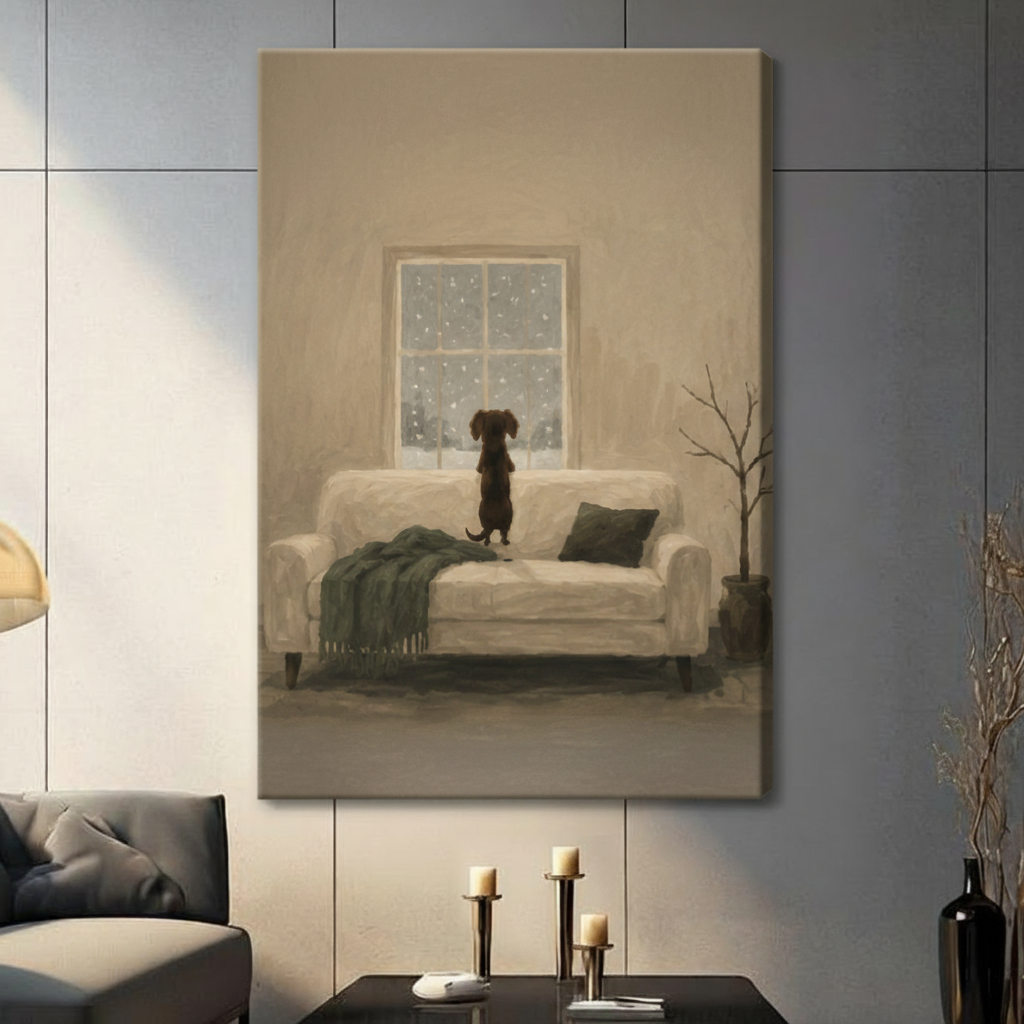 Frameless dachshund on white sofa watching snow fall through window oil painting on dark grey panel wall – minimalist winter dog canvas print for contemporary living room