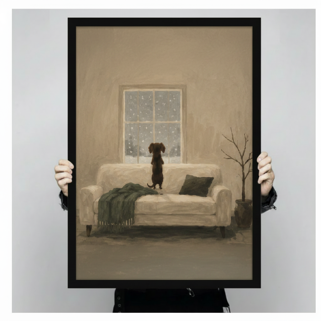 Hands holding framed dachshund on sofa gazing at snowy window oil painting canvas – moody beige tone winter dog wall art size reference display
