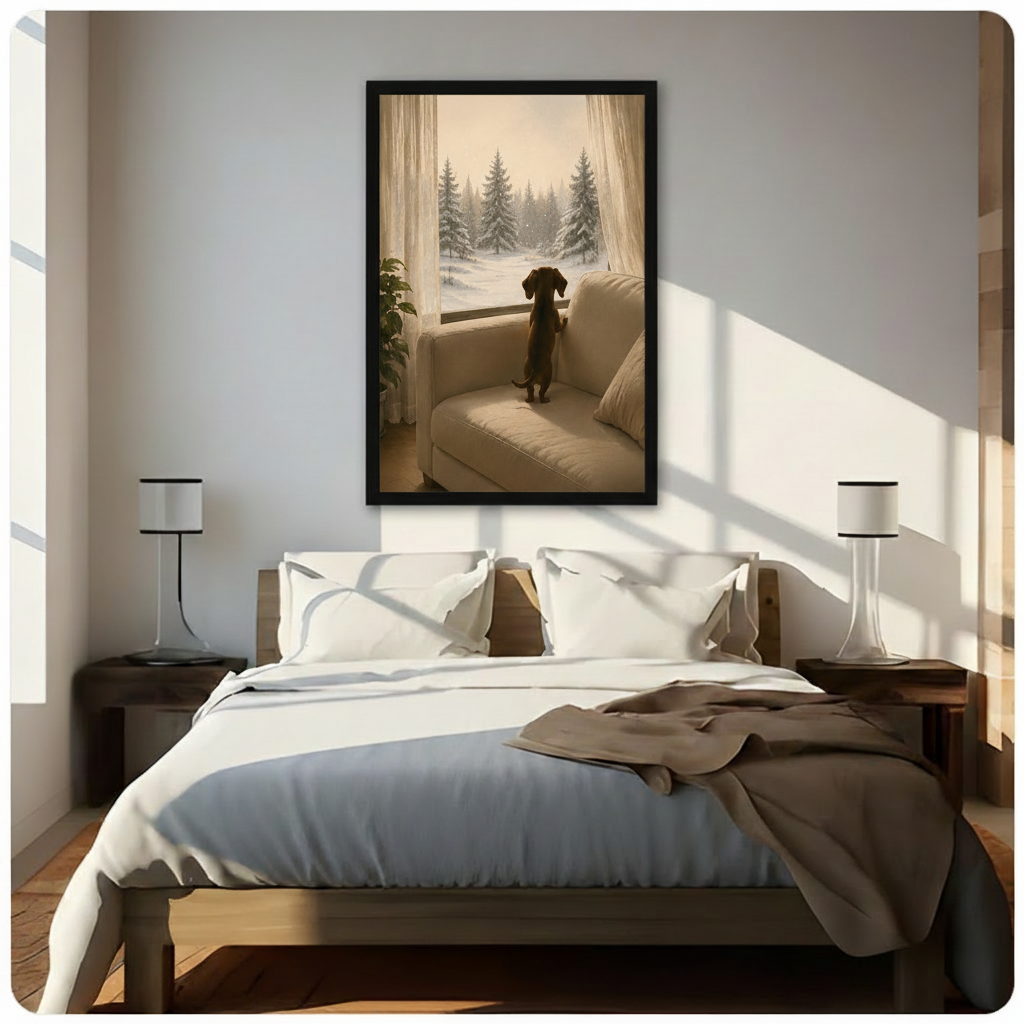 Framed dachshund wall art hung above a bed in a bright bedroom, depicting a small dog watching a winter snow forest through a window
