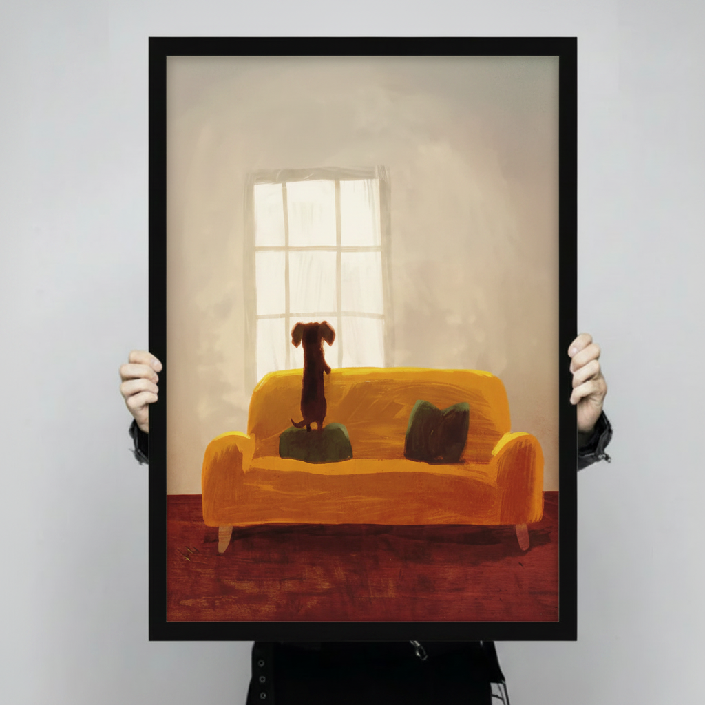 Expressive dachshund on yellow sofa framed art print held up to show full print size, warm oil painting style with window light detail