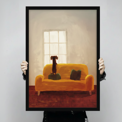 Expressive dachshund on yellow sofa framed art print held up to show full print size, warm oil painting style with window light detail