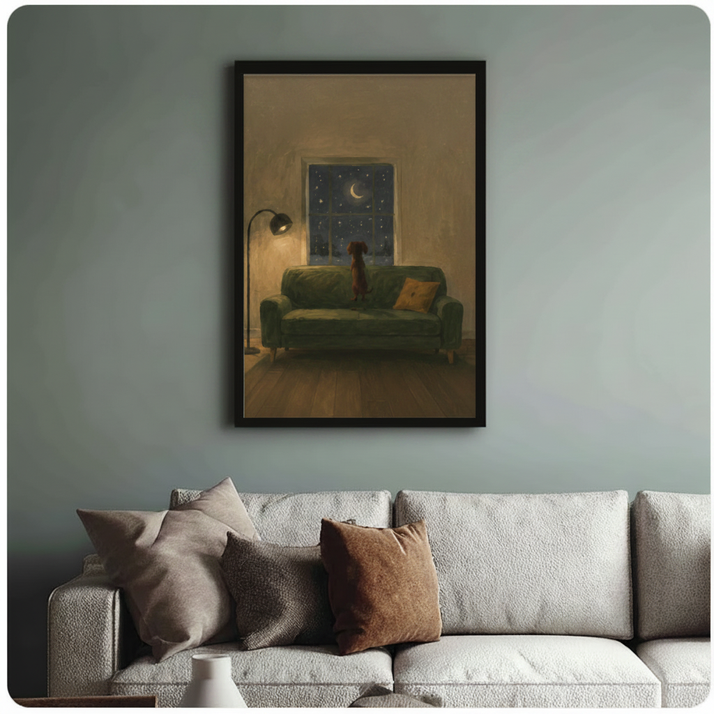 Framed dachshund gazing at starry night window oil painting above textured cream sofa on sage blue-green wall – contemplative night dog wall art for living room decor