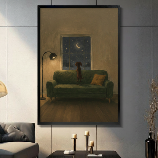 Melancholic dachshund standing on green sofa gazing at starry night window oil painting in black frame on dark grey panel wall – moody crescent moon dog canvas wall art for living room