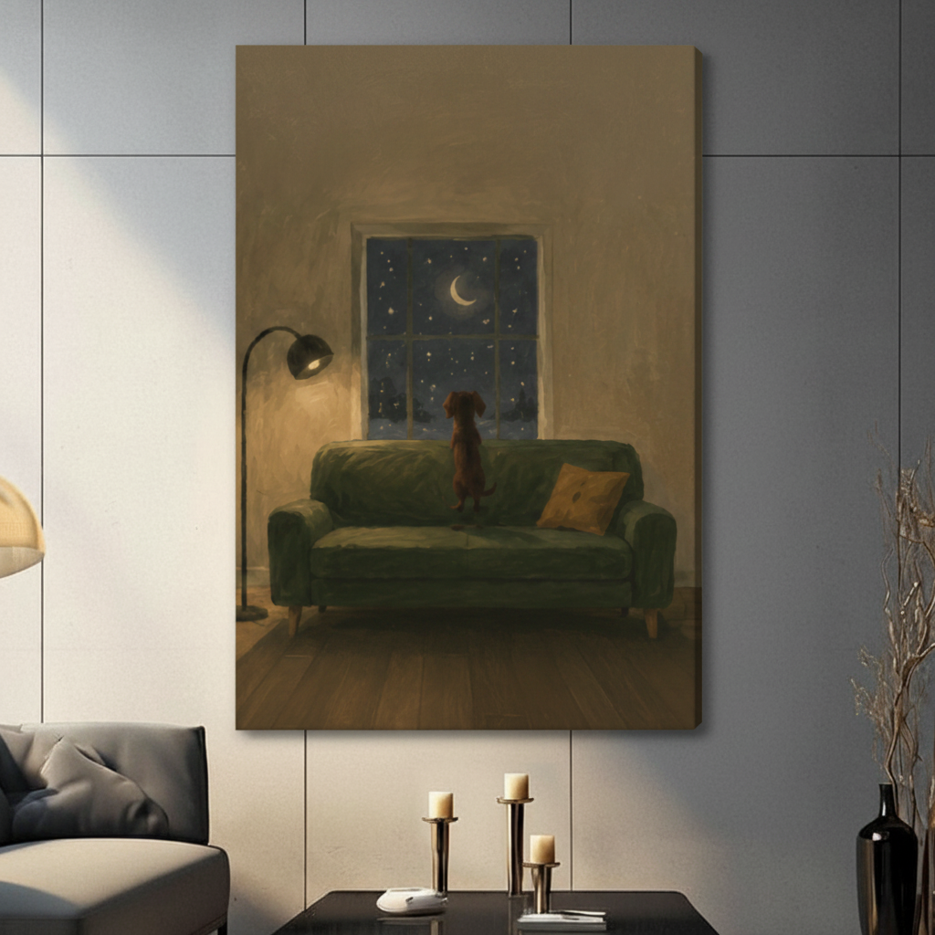 Frameless dachshund on green sofa watching crescent moon and stars through window oil painting on dark grey panel wall – atmospheric night scene dog canvas print for living room