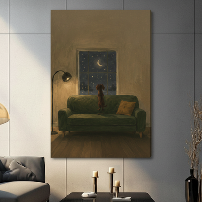 Frameless dachshund on green sofa watching crescent moon and stars through window oil painting on dark grey panel wall – atmospheric night scene dog canvas print for living room