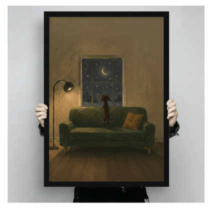 Hands holding framed dachshund on green sofa gazing at crescent moon starry window oil painting – atmospheric night scene dog wall art size reference display
