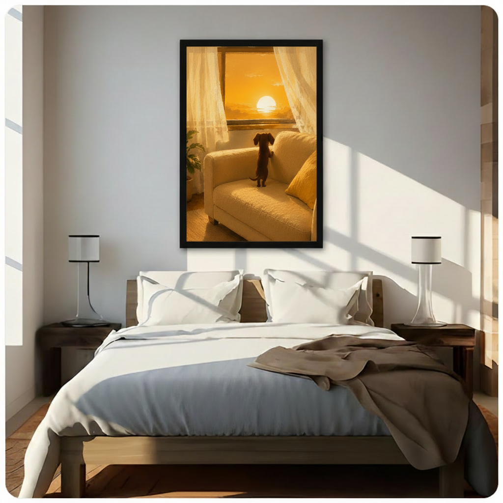 Black framed dachshund gazing at sunset through window canvas print displayed above a wooden bed with white linen in a bright sunlit bedroom