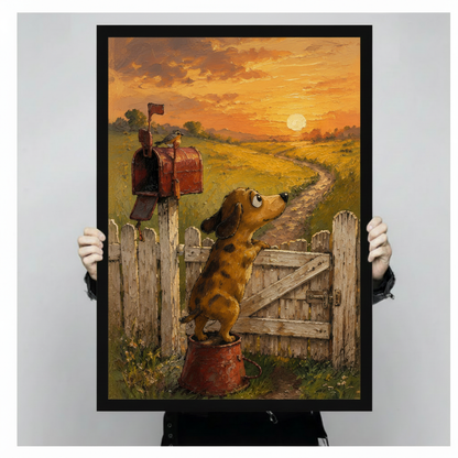 Hand-held framed canvas art print showing a dachshund standing on a red bucket gazing at a bird perched on a vintage red mailbox against a glowing sunset