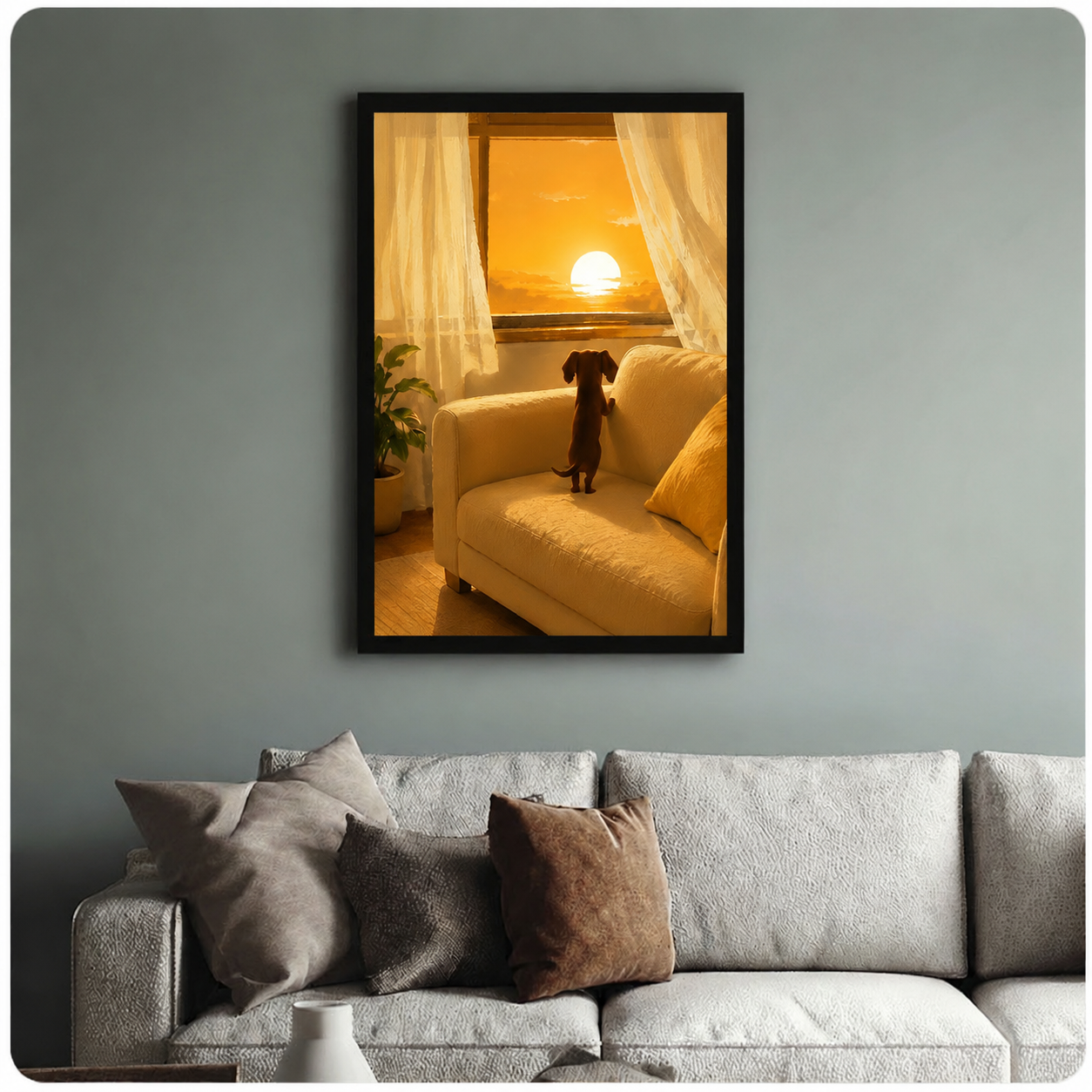 Black framed dachshund sunset window canvas print hanging above a grey sofa in a blue-grey modern living room