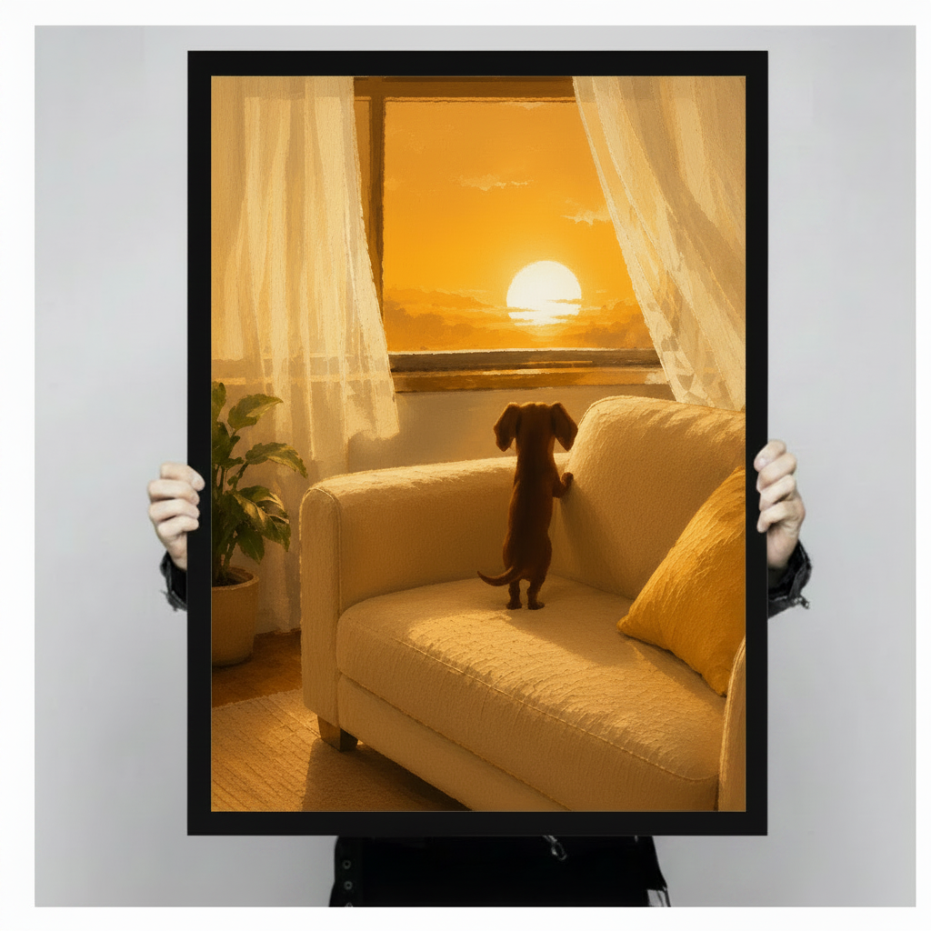 Person holding a large black framed dachshund sunset window oil painting print showing print size against a neutral grey background