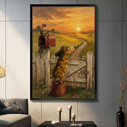 Framed canvas wall art of a dachshund standing on a red bucket beside a rustic mailbox, gazing at a golden sunset over a farm path, displayed in a moody dark living room