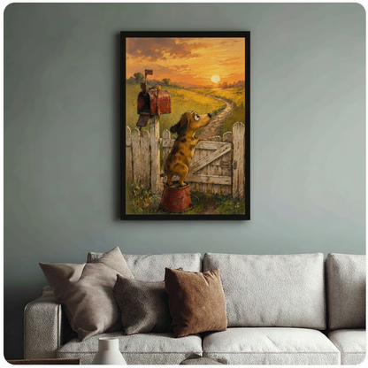 Framed oil-style art print of a curious dachshund looking up at a bird on a red mailbox at sunset, hung above a cream sofa in a sage green living room