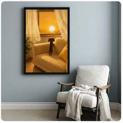 Framed dachshund watching golden sunset wall art print on a blue-grey wall beside a white linen accent chair with a draped throw blanket