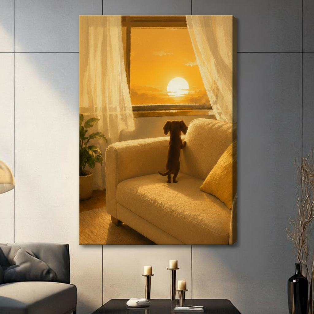 Unframed canvas wrap of a dachshund standing on a cream sofa gazing at a golden sunset through sheer curtains, mounted on a grey panel wall