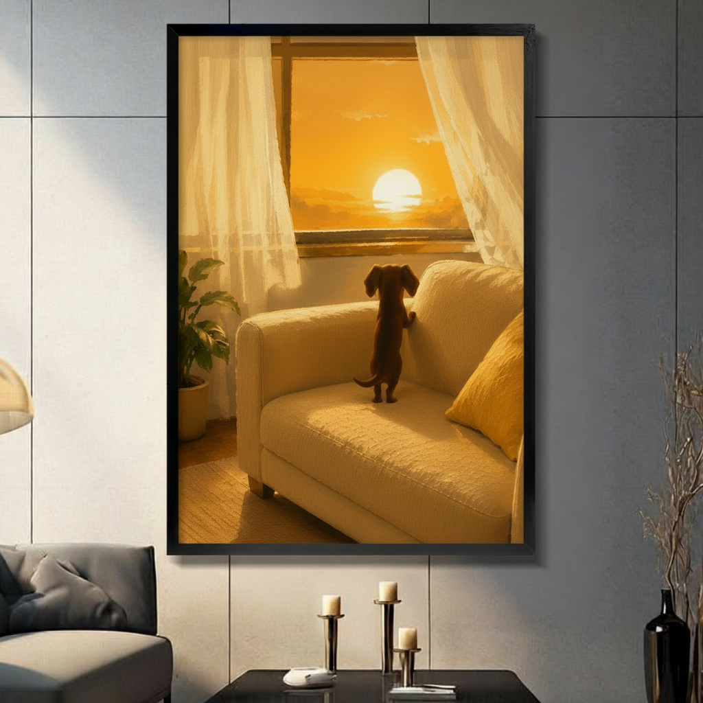Black framed dachshund watching sunset through window oil painting wall art displayed on a dark grey panel wall above a console table with candle holders