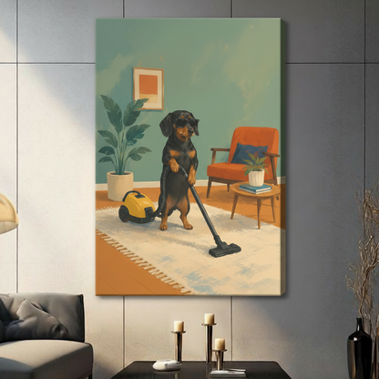 Cool dachshund in black sunglasses upright on hind legs pushing yellow vacuum cleaner on white carpet in vintage teal blue mid-century room with orange retro chair and tropical plant funny dog illustration stretched canvas wall art print hanging in a contemporary living room with dark gray tiled wall