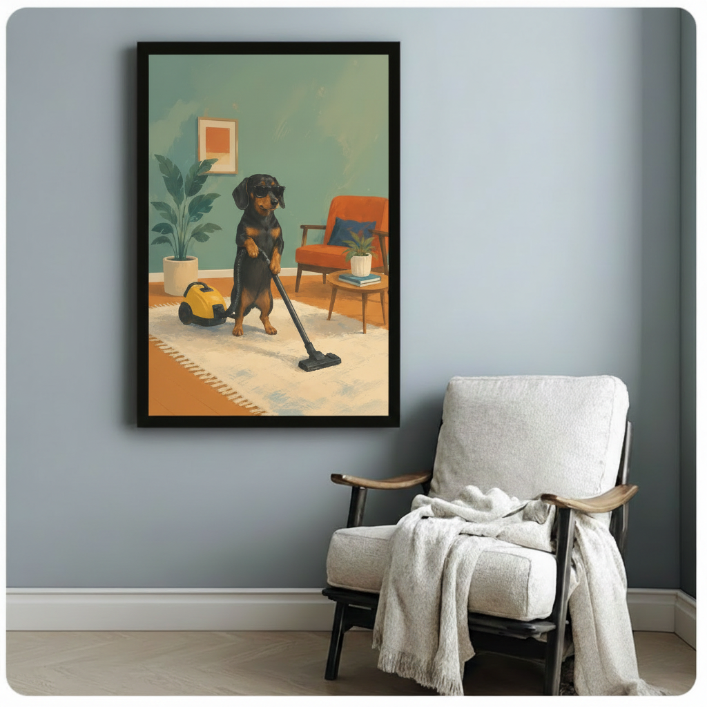 Humorous wiener dog with black sunglasses standing upright vacuuming a white rug with a yellow canister vacuum in a retro mid-century modern teal interior with orange accent chair and white potted plant illustration framed art poster displayed beside a wooden armchair with white draped throw blanket against a blue-gray wall