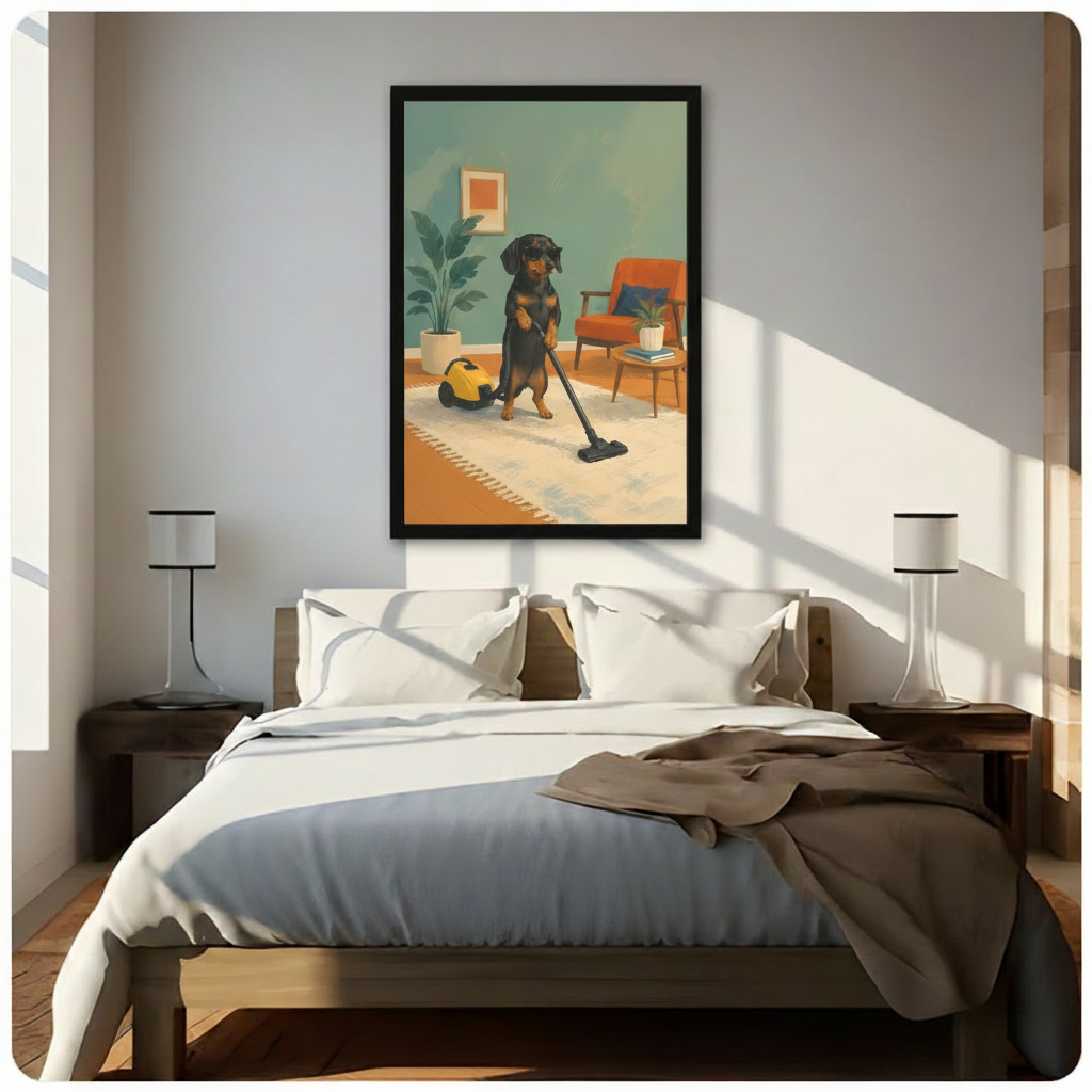 Playful dachshund in black sunglasses standing on two legs vacuuming white rug with yellow canister vacuum cleaner in retro teal blue room with orange mid-century armchair and potted tropical plant funny dog art framed wall art print hanging above a modern bedroom bed with white linen bedding, dark wood nightstands, and minimalist white table lamps