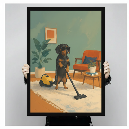 Quirky dachshund dog wearing black sunglasses on hind legs operating a yellow vacuum cleaner on white carpet in vintage teal mid-century modern living room with orange chair and indoor plant retro humor illustration framed wall art print held up for size reference against a light gray neutral background