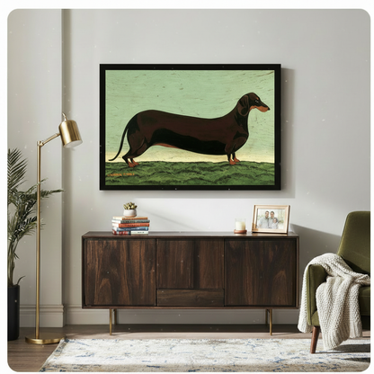 Black framed vintage folk art dachshund wall art print hung above a dark walnut sideboard with gold floor lamp and olive green armchair in a modern living room
