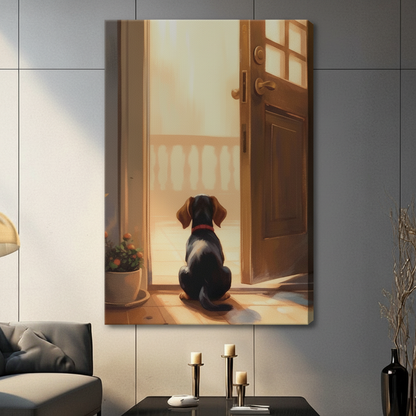 Canvas wrap wall art of a loyal dachshund puppy waiting at a sunlit open doorway, hung on a charcoal grey wall above a console with candlestick holders