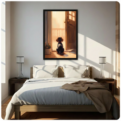 Sentimental dachshund waiting at door framed art print hung above a wooden bed with white linen in a sunlit minimalist bedroom with matching bedside lamps