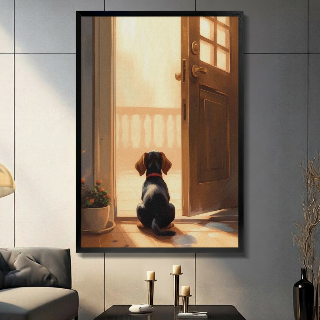 Framed wall art print of a small black dachshund sitting at an open wooden door bathed in warm golden sunlight, displayed on a dark grey wall above a console table with candle holders
