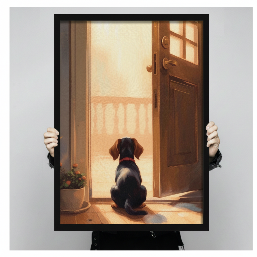 Hand-held close-up of a black framed illustration showing a loyal dachshund puppy sitting at an open wooden door with warm afternoon light flooding in