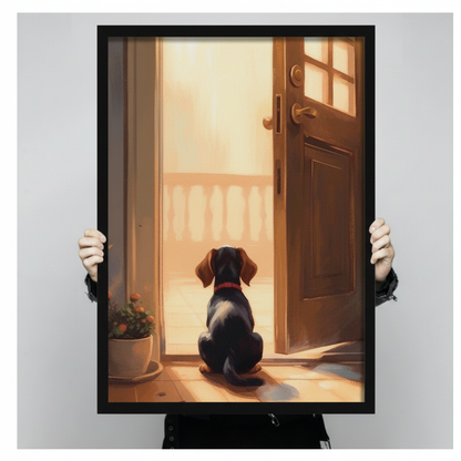 Hand-held close-up of a black framed illustration showing a loyal dachshund puppy sitting at an open wooden door with warm afternoon light flooding in