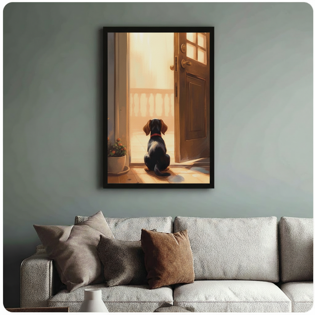 Black framed dog waiting at door art print featuring a cute dachshund in warm golden light, styled above a neutral linen sofa on a sage green wall