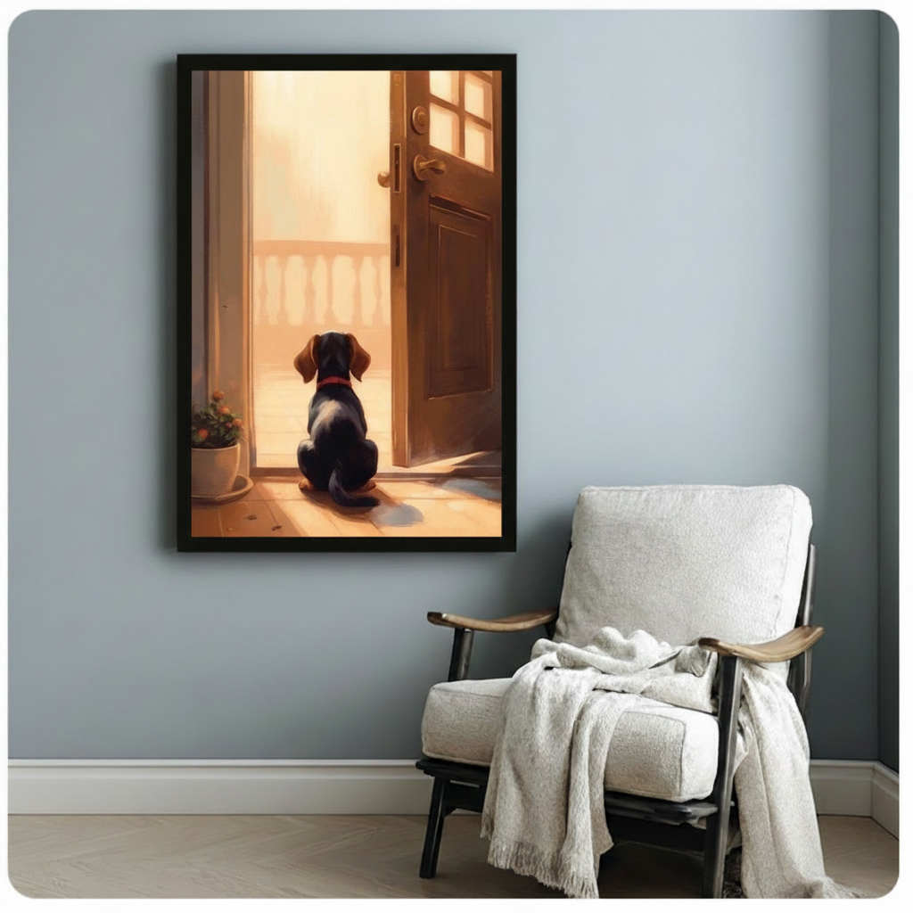Emotional dog wall art print of a small dachshund gazing through an open door into sunlight, hung on a blue-grey wall beside a linen armchair with a white throw blanket