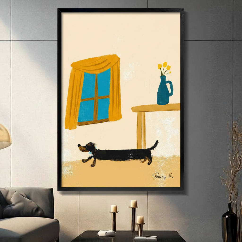 Black and tan dachshund walking in illustrated indoor scene with yellow curtain window and blue vase of tulips loose brush illustration in black frame on dark grey panel wall – cream background long dog canvas wall art for living room