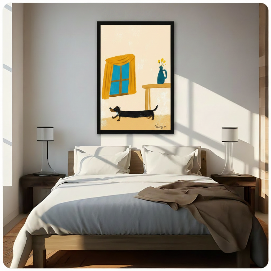Framed black and tan dachshund walking in illustrated room with yellow curtain window and blue flower vase loose brush illustration above dark wooden bed in sunlit bedroom – cream background long dog canvas wall art for bedroom decor