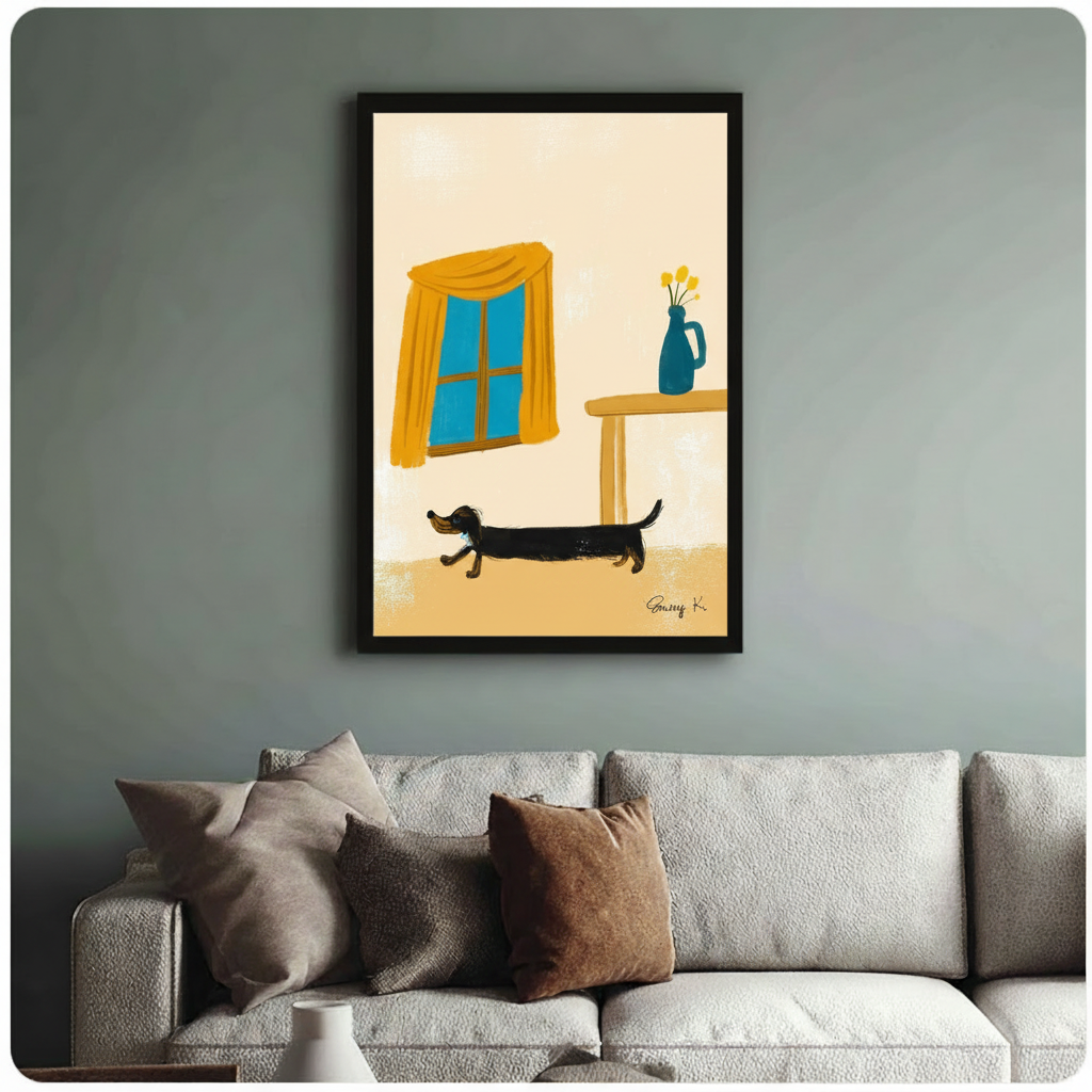 Framed black and tan dachshund in illustrated room with yellow curtain and blue tulip vase loose brush illustration above cream textured sofa on sage green wall – modern long dog canvas wall art for living room decor