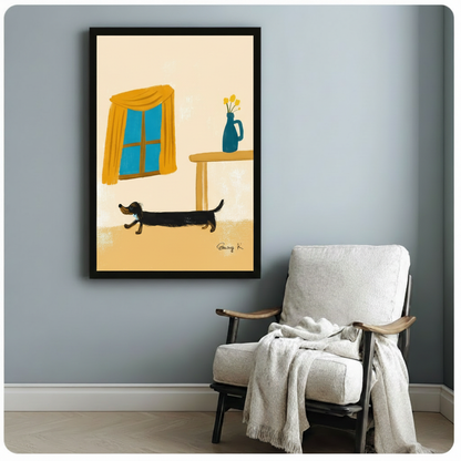 Black and tan dachshund walking in indoor scene framed loose brush illustration beside wooden armchair with white throw on blue grey wall – yellow curtain blue vase long dog canvas art for reading corner