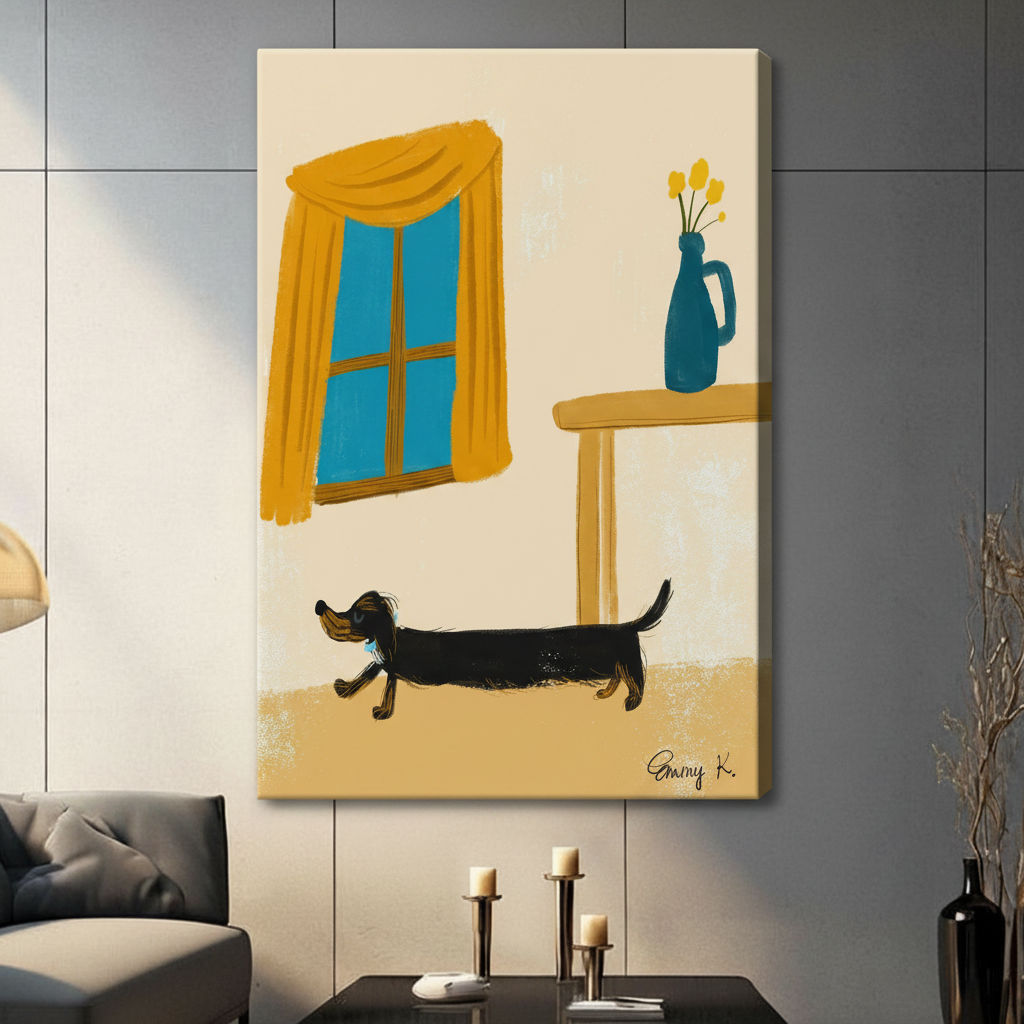 Frameless black and tan dachshund walking past yellow curtain window and blue flower vase loose brush illustration on dark grey panel wall – cream background modern long dog canvas print for contemporary living room