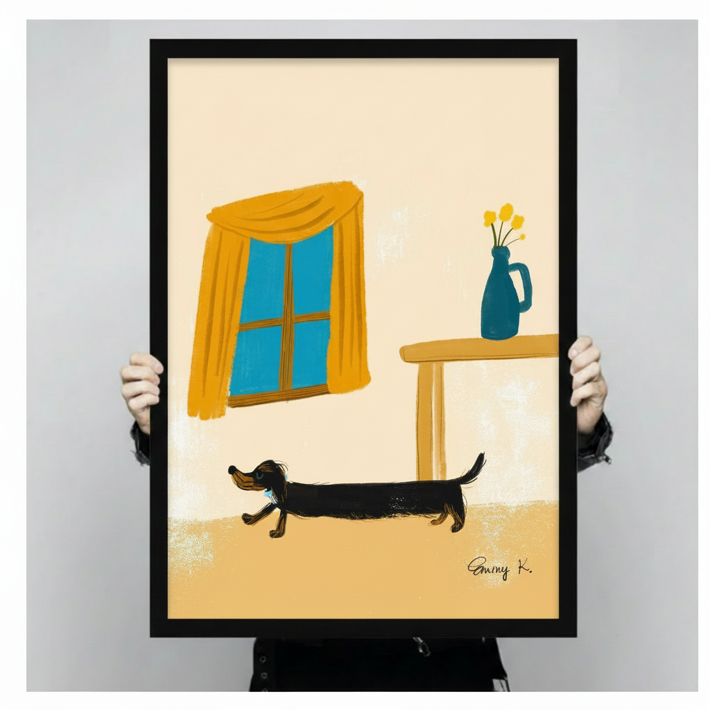Hands holding framed black and tan dachshund walking in illustrated indoor scene with yellow curtain and blue tulip vase loose brush illustration canvas – cream background long dog wall art size reference display