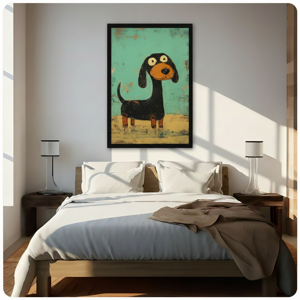 Whimsical dachshund framed art print above bed in bright bedroom — cute cartoon sausage dog on distressed mint green background, pet wall decor