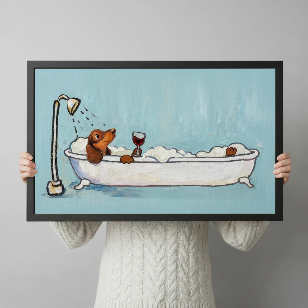 Large dachshund wine bath canvas art displayed in luxury beige bathroom with oval freestanding tub and matte black faucet