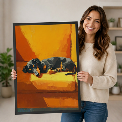 Woman holding large framed dachshund canvas print — bold oil style pet portrait gift for dog lovers