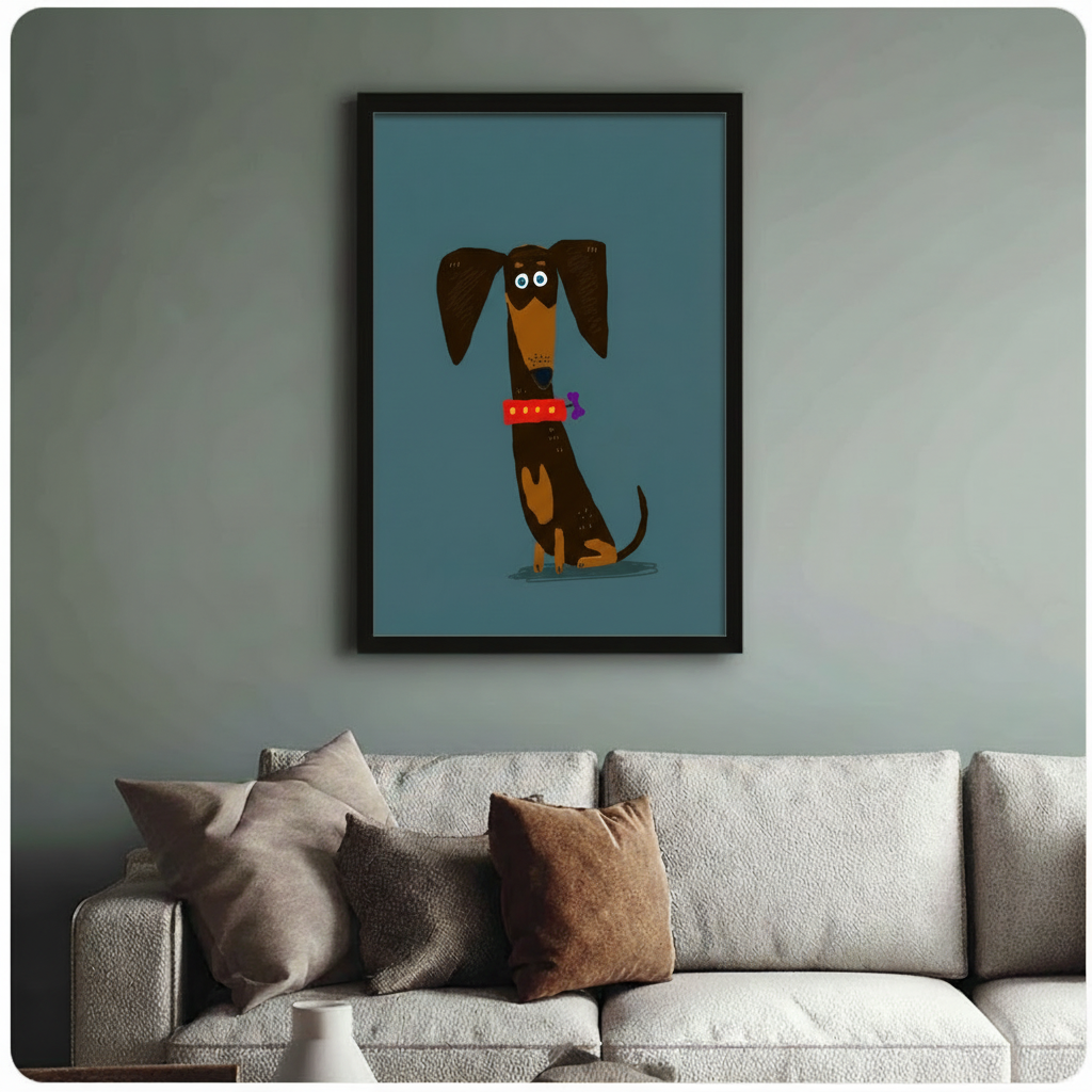 Black framed dachshund cartoon art print with teal background, styled above a beige sofa against a sage green wall